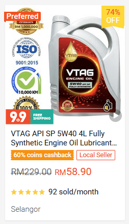 VTAG API SP 5W40 4L Fully Synthetic Engine Oil